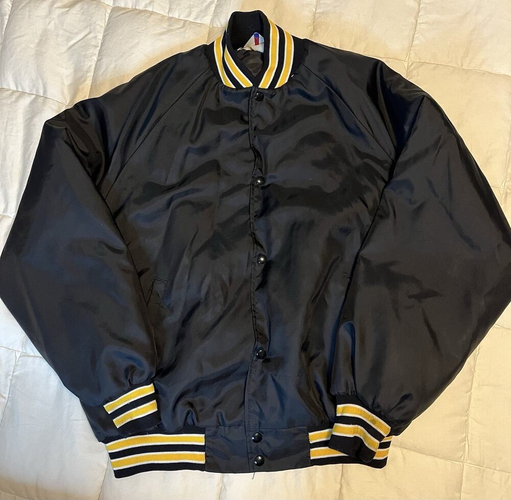 Vtg. West Ark Satin Bomber Black Yellow Snap Button Jacket Men’s Sz XL Made USA